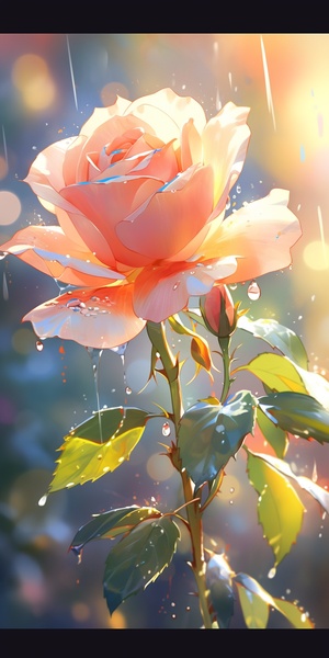 A colorful rose with dew on its petals in the morning light.