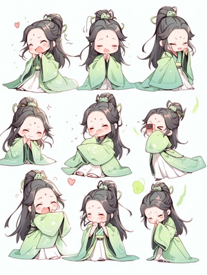 小女孩，浅绿色汉服，古典精致，全身图，chibi，9种姿势和表情，emoticons[头晕、高兴、生气、哭泣、悲伤、可爱、期待、大笑、失望和害羞、困倦、吃饭、头晕、表达爱意，等]，线条艺术，贴纸艺术，白色背景