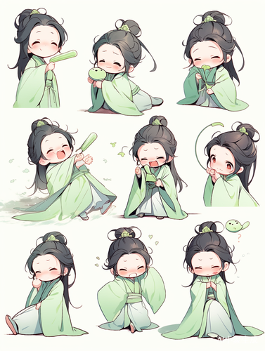小女孩浅绿色汉服全身图9种姿势表情线条艺术贴纸艺术
