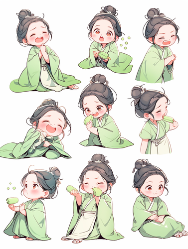 小女孩浅绿色汉服全身图9种姿势表情线条艺术贴纸艺术