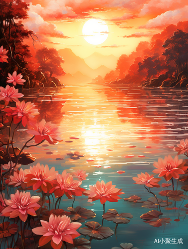 火红的鲜花下的中国插画风湖泊