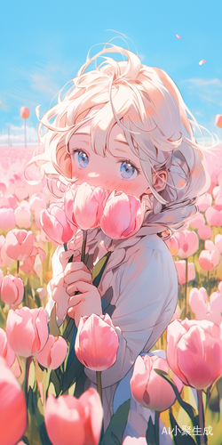 蓝天下的粉色花田少女