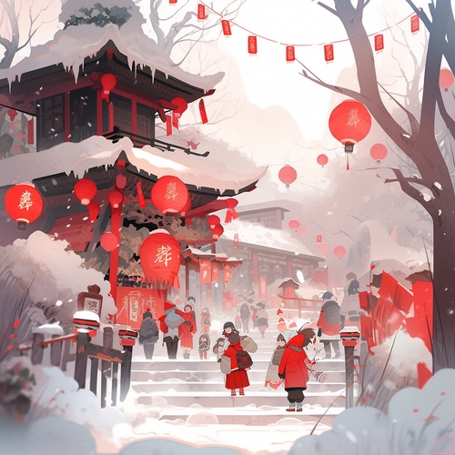 现代插画场景，中国孩子和父母在乡村道路上放烟花，下雪，带围巾的雪人，柿子树，房子上挂的红灯笼和中国对联，动态pose，高画质，超细节，矢量插画，红色背景