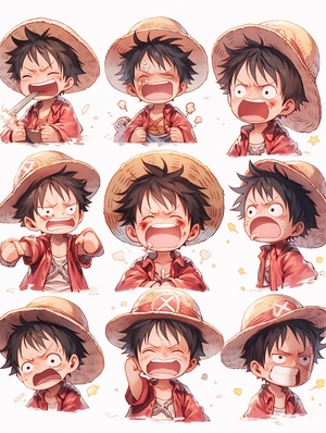 海贼王，One Piece，路飞，Monkey D. Luffy，chibi，Q版，全身，表情包，9个表情，开心，微笑，悲伤，严肃，表情符号表，各种姿势和表情，不同的情绪，各种poss和表情，8k