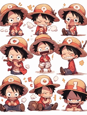 海贼王，One Piece，路飞，Monkey D. Luffy，chibi，Q版，全身，表情包，9个表情，开心，微笑，悲伤，严肃，表情符号表，各种姿势和表情，不同的情绪，各种poss和表情，8k