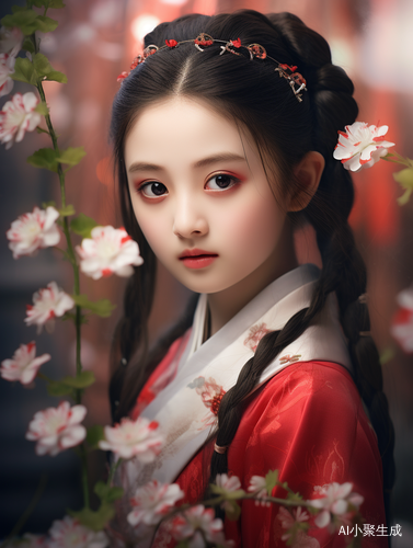 中国小姑娘穿美丽汉服，在花丛中玩耍