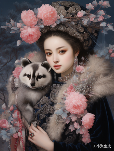 古风美人持狸猫 远镜下的粉色蝴蝶
