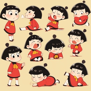 Japanese manga character Chibi Maruko-Q version, full body, emoji, 9 emojis, happy, smile, sad, serious, Emoji table, various poses and expressions, different emotions, various poss and expressions, 8k Chibi Maruko