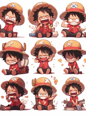 海贼王，One Piece，路飞，Monkey D. Luffy，chibi，Q版，全身，表情包，9个表情，开心，微笑，悲伤，严肃，表情符号表，各种姿势和表情，不同的情绪，各种poss和表情，8k