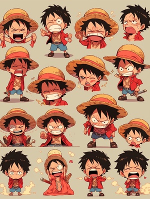 海贼王，One Piece，路飞，Monkey D. Luffy，chibi，Q版，全身，表情包，9个表情，开心，微笑，悲伤，严肃，表情符号表，各种姿势和表情，不同的情绪，各种poss和表情，8k