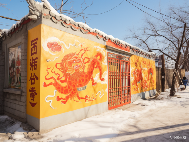 山东新年插画：春联贴门，阳光斜照篱笆墙