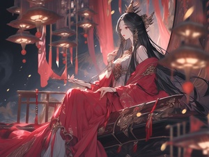 美丽女人，黑发汉服，宫殿背景，高清超杰作