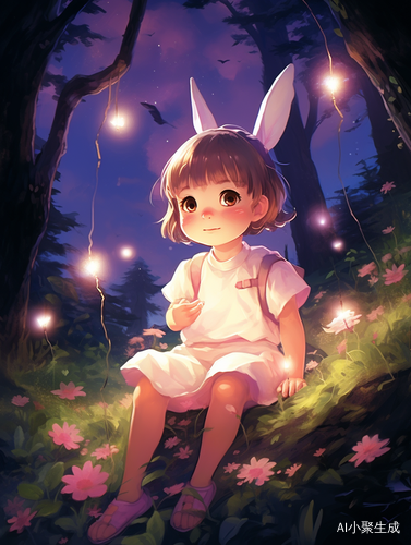奇幻紫色兔耳短发女孩与金色光芒