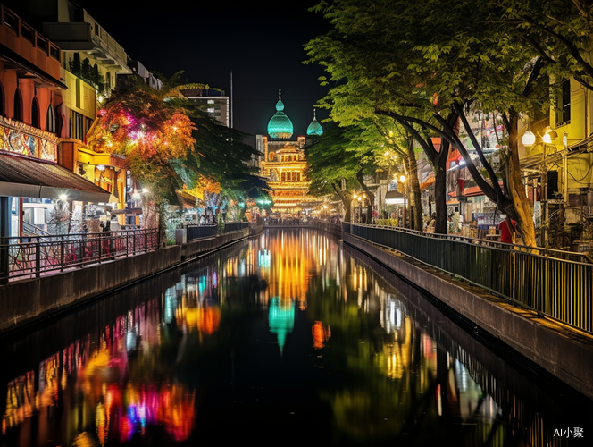 中国小镇夜晚的七彩风景