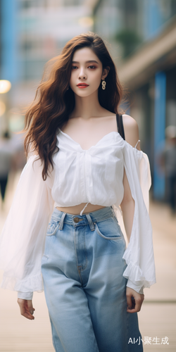 白衬衫+牛仔短裙，长发飘飘的美女神全身照