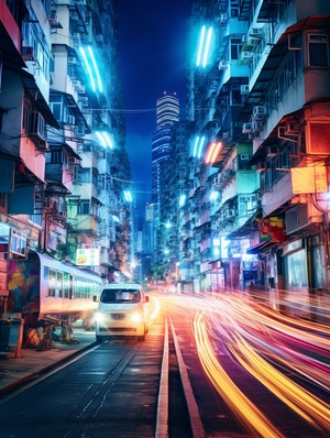 1990s,Hong Kong, Night , abstract,ChungkingMansions,City Street, chaotic, chase, city lights, frantic, hurry, intense, motion blur, quick, running, rush, slow shutter, spherical blur, sprinting, surreal, suspenseful,wide angle,Mixed, Saturated, Cyan, Blue, 8k