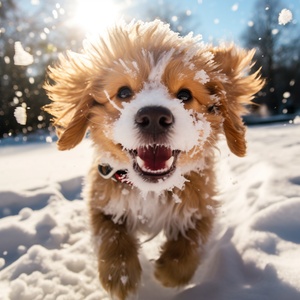 纯白的雪地上，温暖的阳光洒在一只可爱的小狗身上，毛发在阳光下闪闪发光。小狗在雪地里尽情蹦跳、嬉戏，雪花被它的动作激起，落在它身上化成水滴。小狗欢快的动作和灿烂的笑容，给整个画面注入了勃勃生机和活力。