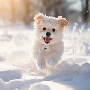 纯白的雪地上，温暖的阳光洒在一只可爱的小狗身上，毛发在阳光下闪闪发光。小狗在雪地里尽情蹦跳、嬉戏，雪花被它的动作激起，落在它身上化成水滴。小狗欢快的动作和灿烂的笑容，给整个画面注入了勃勃生机和活力。