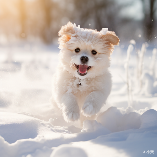 可爱小狗在纯白雪地里尽情嬉戏，阳光下毛发发光