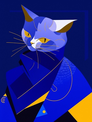 a flat illustration of a fashion cat , exaggerated pose , sapphire blue vs gold cloth and hair , minimalist art , pure klein blue background , in the style of suprematism s 400