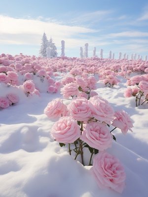 干净透彻的白色雪地上漂浮着粉色的玫瑰花