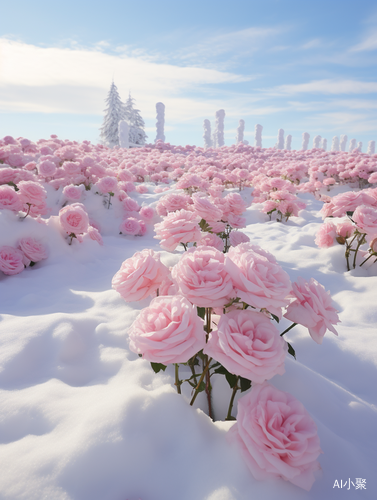 干净透彻的白色雪地上漂浮着粉色的玫瑰花