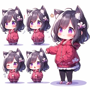 猫耳小女孩，精致，全身图，chibi，emoticons，，最佳杰作，极其美丽的五官，正确的手势，高分辨率，精美的发型刻画，剪刀手，可爱的，短发，彩色头发，渐变发色，多色眼睛，渐变眼睛颜色，红色眼影，连帽衫，长袍，开衫，毛衣裙，领带，太阳镜，耳环，铃铛，围巾，手肘手套，臂环，臂带，腕带，腕套，手表，，清晰的面部特写，详细的眼睛描绘，星星眼，异色瞳，一个人，猫嘴