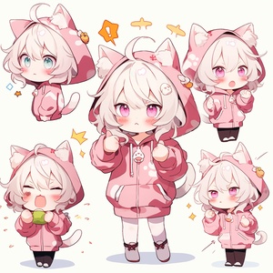 猫耳小女孩，精致，全身图，chibi，emoticons，，最佳杰作，极其美丽的五官，正确的手势，高分辨率，精美的发型刻画，剪刀手，可爱的，短发，彩色头发，渐变发色，多色眼睛，渐变眼睛颜色，红色眼影，连帽衫，长袍，开衫，毛衣裙，领带，太阳镜，耳环，铃铛，围巾，手肘手套，臂环，臂带，腕带，腕套，手表，，清晰的面部特写，详细的眼睛描绘，星星眼，异色瞳，一个人，猫嘴