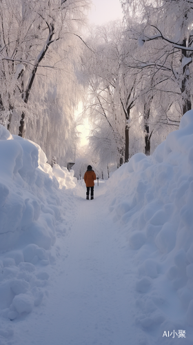 2米高的厚雪中男子穿羽绒服背对着铲雪