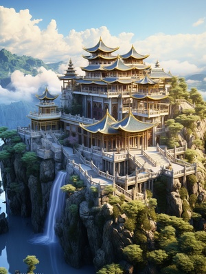 中国艺术奢华宫殿 天宫关键词：Traditional Chinese classical architecture, mountains, flowing water, gold, white and blue color matching, multi-dimensional art style, jade material, c4d, oc rendering, realistic details, HD 8k翻译：中国传统古典建筑，群山，流水，金色白色蓝色配色，多维立体艺术风格，玉石材质，c4d，oc渲染，逼真细节，高清8k#ai #Ai绘画 #中国建筑#天宫 #艺术 #建筑 #中国传统 #文化 #创意 #古典 #设计师 #mj