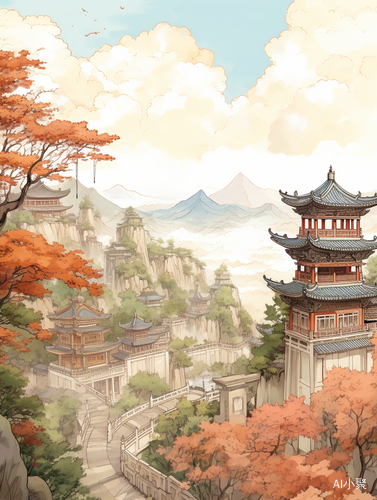 Chinese Illustration: Ancient Style Architecture and Healing Landscape