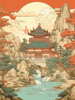 Chinese Illustration: Ancient Style Architecture and Healing Landscape