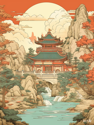 Chinese Illustration: Ancient Style Architecture and Healing Landscape