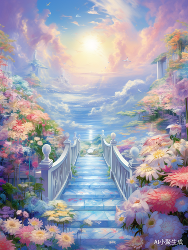 梦幻仙境：鲜花、小桥、流水插画