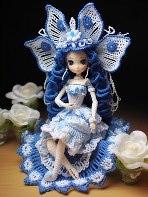 Exquisite Crochet Fairy Doll with Blue and White Porcelain Skirt