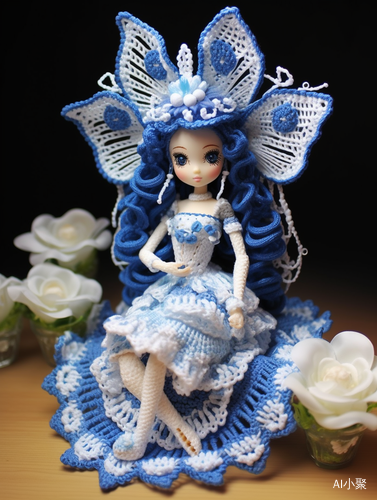 Exquisite Crochet Fairy Doll with Blue and White Porcelain Skirt