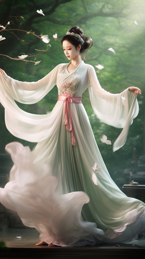 super realistic skin,whirling dance,full-body shot,A beautiful Tang Dynasty woman,bun hair,wearing Gorgeous white pink green Hanfu,with super realistic skin,whirling dance,dancing gracefully,graceful dance,pleated long skirt,gauze clothes,cute and dreamy,flowing cloth,ancient chinese clothingwallpaper,in the style of ethereal and dreamlike,high detail,soil painting,hyper quality,8K s 250 niji 6 ar 2:3