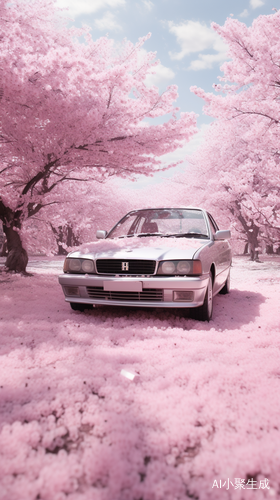 Glitchy Hyper-Realistic Car Covered in Pink Sakura Flowers