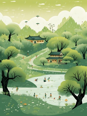 A delicate and serene illustration of the Chinese solar term "Rain Water," showcasing gentle spring rains nurturing the awakening earth. Visualize verdant fields stretching into the distance, a quaint village basking in the soft rain, and people embracing the life-giving showers with open arms and joyful expressions. The scene is rich in cultural symbolism, with traditional Chinese architecture and attire, highlighting the harmonious relationship between humans and nature during this rejuvenating ti