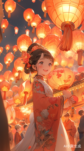 古装少女手提精美灯笼，烟花绽放的中国风景色