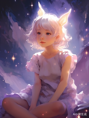 星星-一个可爱的短发女孩与兔子精灵的梦幻场景