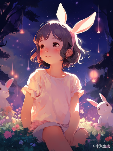 星星-一个可爱的短发女孩与兔子精灵的梦幻场景