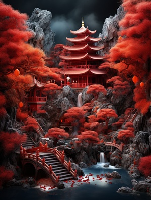 Super Exquisite Chinese Garden with Red Lanterns and Detailed Landscape