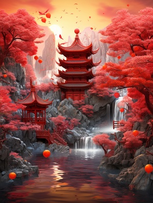 Super Exquisite Chinese Garden with Red Lanterns and Detailed Landscape