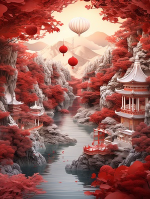 Super Exquisite Masterpiece of a Red Lantern Landscape