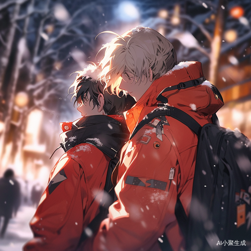 男生背影在雪夜中