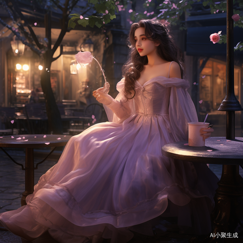 浅紫色衣服美女撑伞，美丽的夜晚场景