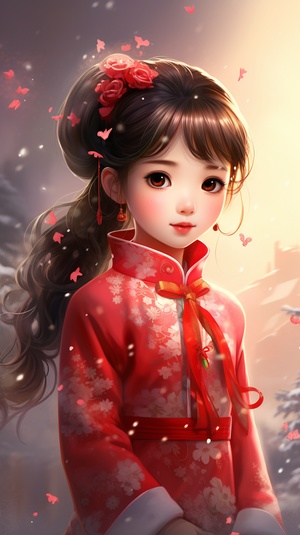 小女孩,穿红衣冬装碎花绣花旗袍高领长裙(精美服装)，身材苗条，装，长头发(点缀黄色小小花朵)，(法式发辫，甜美公主头)编头发，麻花辫，头花(点缀好多小花朵发饰)，雪花飘飘，桃花林，桃花瓣飞舞，明眸，真人化，超拟真，圣诞限定0.35,一双水汪汪的大眼睛(灵动有神)，面容精致，五官大气