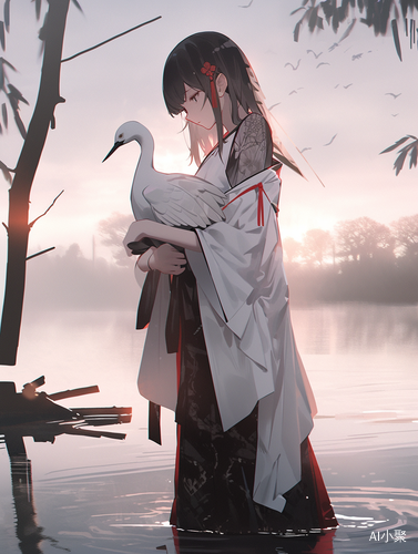 Anime-inspired Girl by Water with Bird