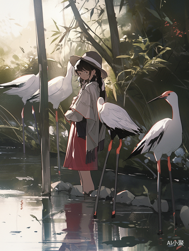 Anime-inspired Girl by Water with Bird